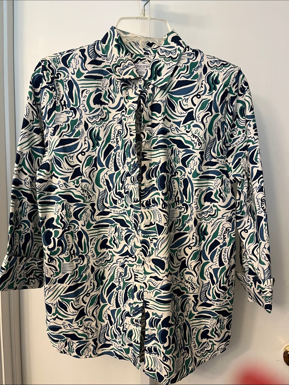 Chico's White Blouse with Blue & Green Abstract Swirl Print